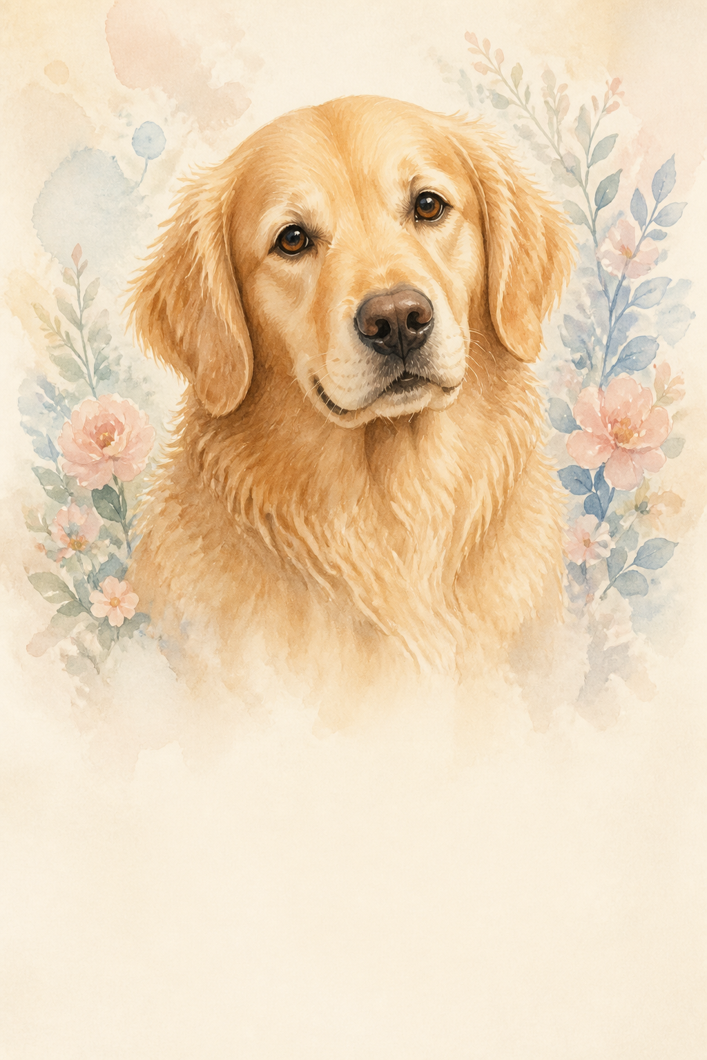 AI-assisted watercolor demo portrait of a fictional golden retriever named Luna